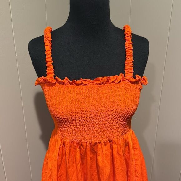 Topshop bright orange elastic strappy smocked ruffle bodice 100% cotton midi. - Picture 3 of 7